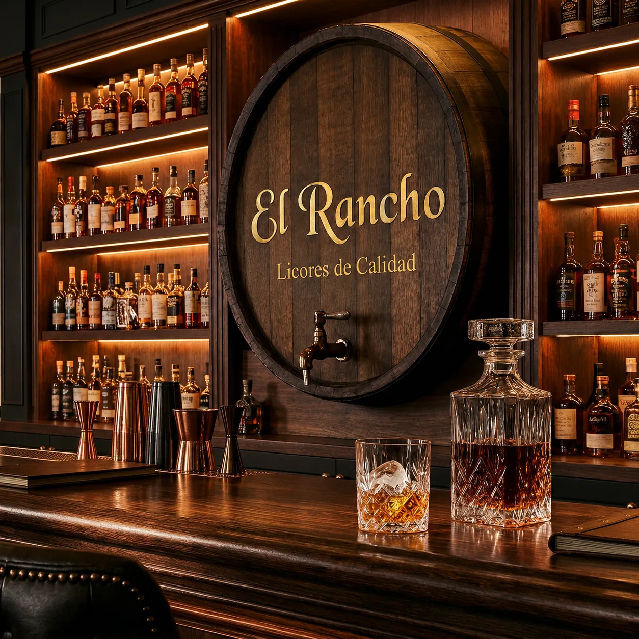 Barra del bar El Rancho con un barril de madera grabado con el logo Licores de Calidad y estantes iluminados llenos de botellas de licor